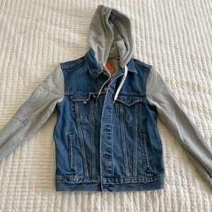 Levi's Blue Denim Trucker Jacket with Gray Hoodie Sleeves